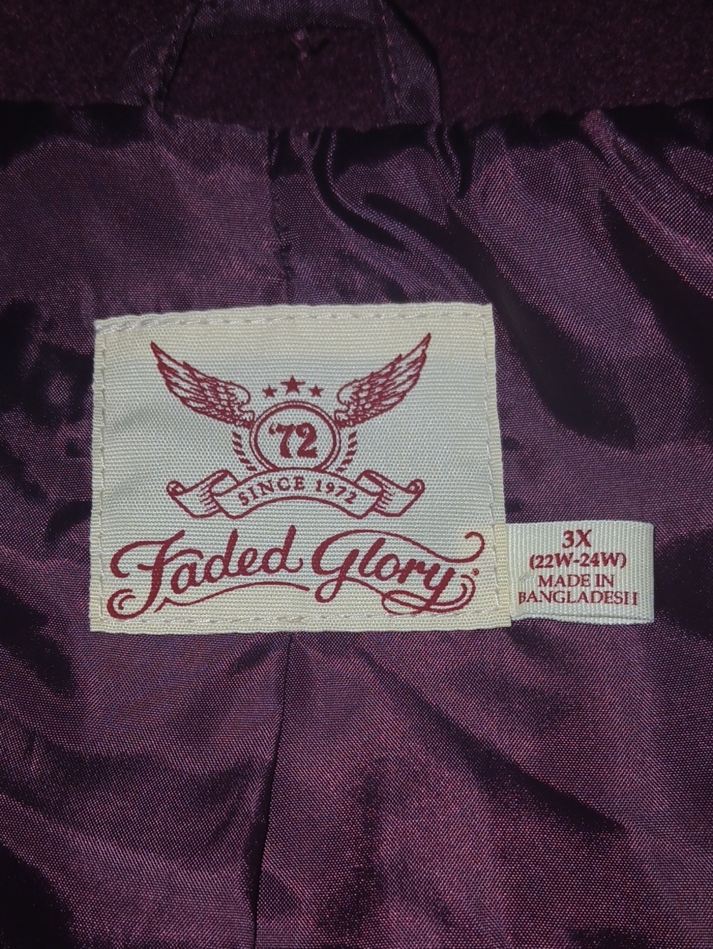 Faded Glory Womens Plus Size Hooded Double-Breasted Coat in Plum Size 3X - Picture 4 of 4